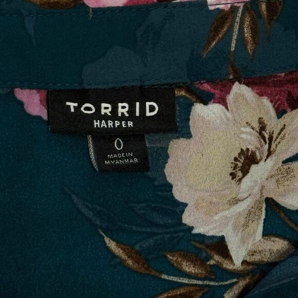 Torrid Harper Teal Floral Long Sleeve Tie Back Blouse Sz OX 1X XXL - Picture 9 of 12